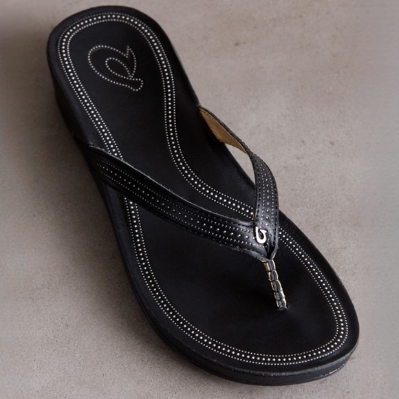NWT OluKai Ola Leather Platform Flip Flop Sandals in Black - Picture 3 of 8
